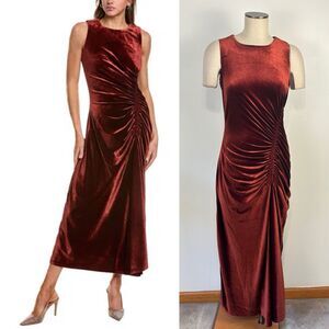 Taylor Womens 8 Velvet Sheath Midi Sleeveless Dress in Brown Copper